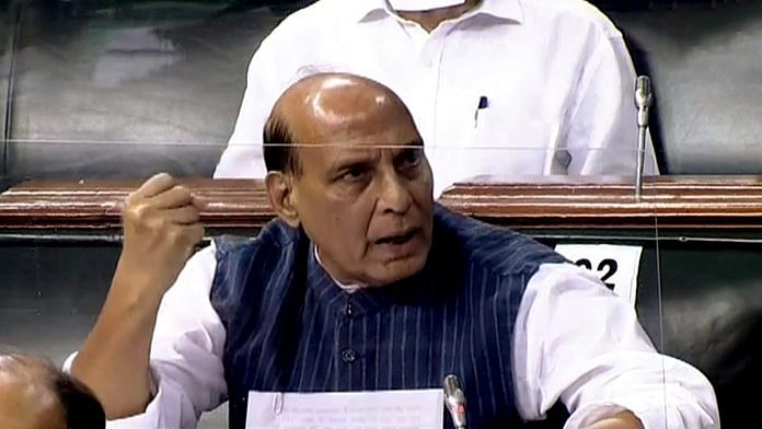 Defence Minister Rajnath Singh speaks in the Lok Sabha Tuesday | Photo: ANI | LSTV grab