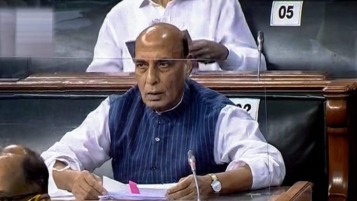 Union Defence Minister Rajnath Singh in the Lok Sabha during the ongoing Monsoon Session of Parliament, Tuesday. | PTI