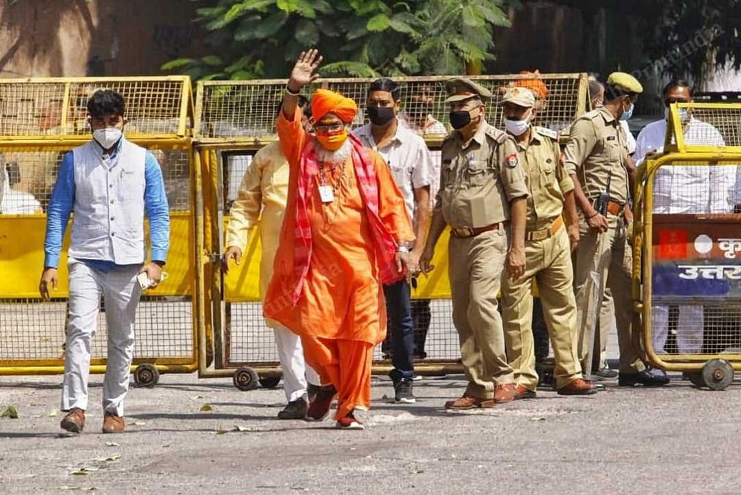 Sakshi Maharaj, an accused in the Babri Masjid demolition case, arrives at the CBI special court ahead of the verdict, in Lucknow | Praveen Jain | ThePrint
