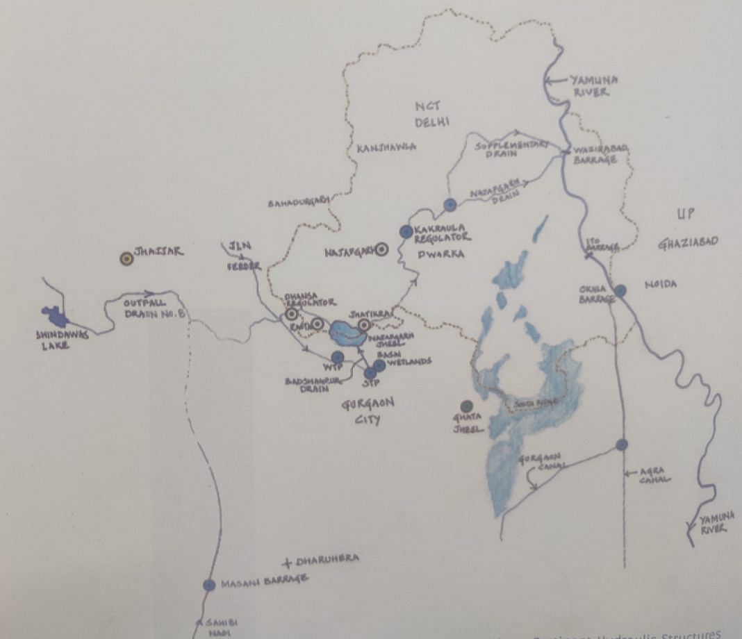 Najafgarh Jheel To Nala How Delhi And Gurugram Ruined Their Second   Schematic Map Showing Main Locations Drainage Lines Pertinent Hydraulic Structures Source INTACH 1068x920 