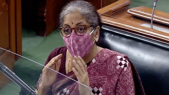 Union Finance Minister Nirmala Sitharaman speaks in Lok Sabha on 18 September 2020 | ANI