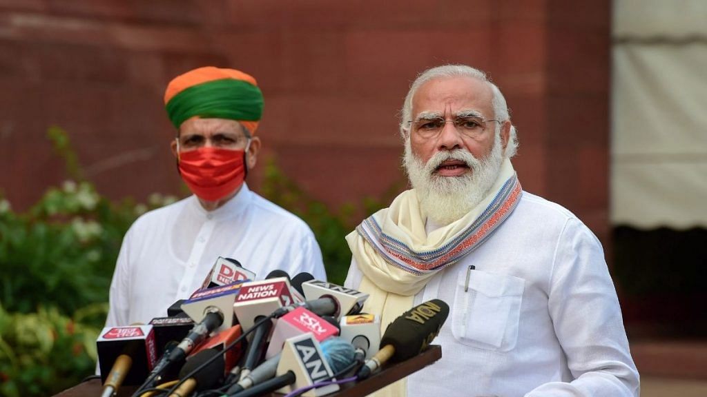 Prime Minister Narendra Modi addresses the media before commencement of the first day of Parliaments Monsoon Session, amid the ongoing coronavirus pandemic, at Parliament House in New Delhi, Monday, Sept. 14, 2020 | PTI
