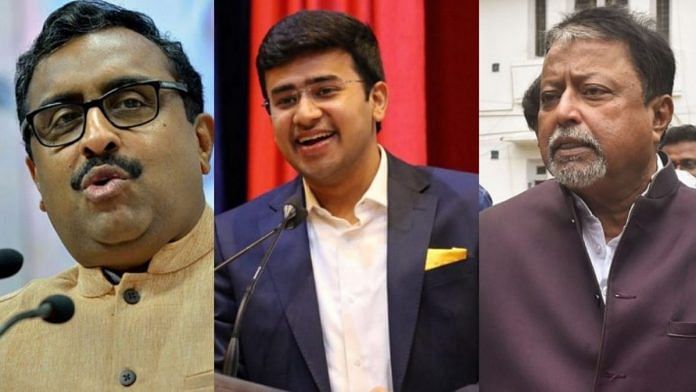 Ram Madhav, Tejasvi Surya and Mukul Roy | Twitter and PTI
