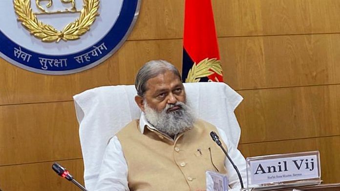 File image of Haryana Home Minister Anil Vij at the Haryana Police headquarters in Panchkula | Photo: ANI