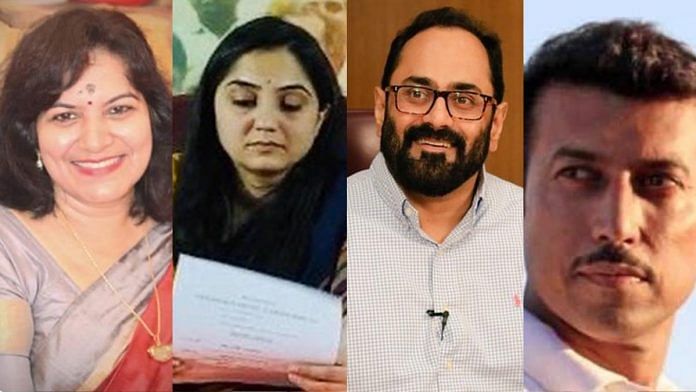 From left to right, newly appointed BJP spokespersons Aparajita Sarangi, Nupur Sharma, Rajeev Chandrasekhar and Rajyavardhan Singh Rathore. | Source: Twitter