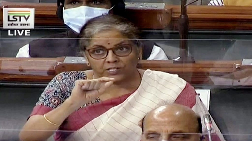 Finance Minister Nirmala Sitharaman in the Lok Sabha. | Photo: ANI