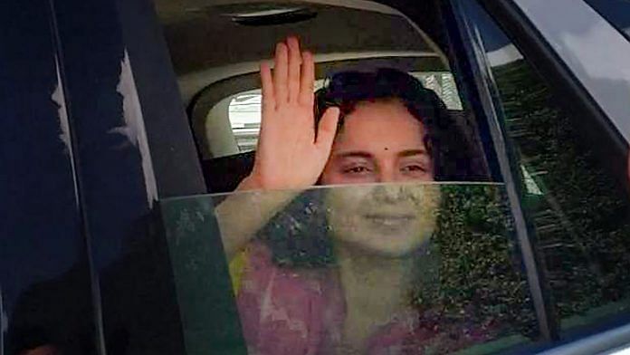 Bollywood actor Kangana Ranaut waves as she leaves for Mumbai from Manali, Tuesday | PTI