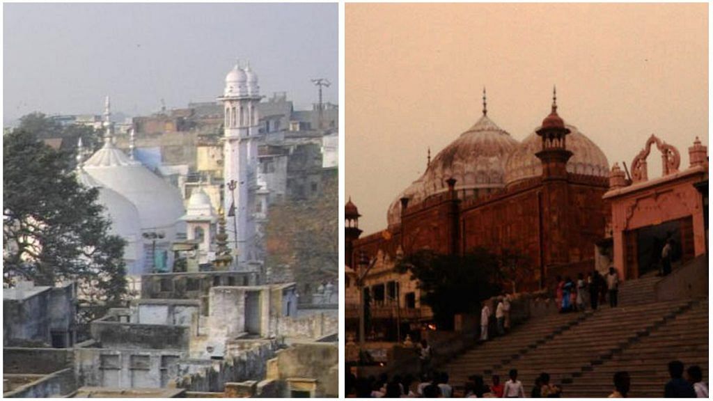 The Gyanvapi Mosque next to Kashi Vishwanath temple in Varanasi (left) and the Shahi Idgah, which is adjacent to the Krishna Janmabhoomi temple in Mathura | Photos: Commons