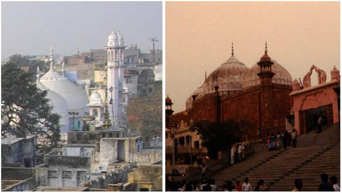 The Gyanvapi Mosque next to Kashi Vishwanath temple in Varanasi (left) and the Shahi Idgah, which is adjacent to the Krishna Janmabhoomi temple in Mathura | Photos: Commons