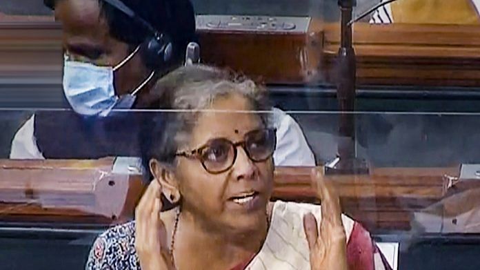 Union Finance Minister Nirmala Sitharaman speaks in the Lok Sabha during the opening day of monsoon session of Parliament in New Delhi on 14 September | LSTV/PTI Photo