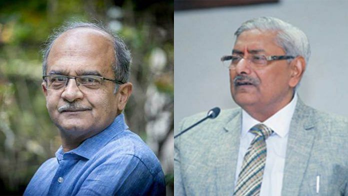 Advocate-activist Prashant Bhushan and Justice Arun Mishra (Retd) | Photo credits: Prashant Bhushan/Facebook, and ThePrint