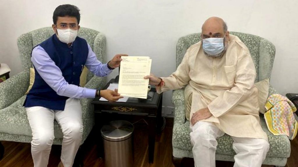 BJP MP Tejasvi Surya in a meeting with Home Minister Amit Shah in New Delhi. | Photo: ANI