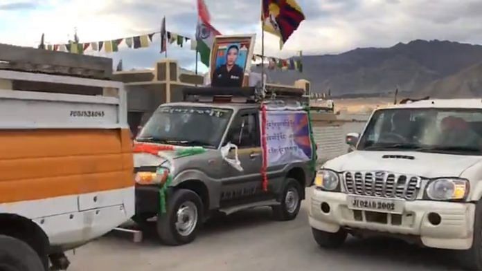 The convoy at the funeral of SFF soldier Nyima Tenzin in Leh. | Photo: Twitter