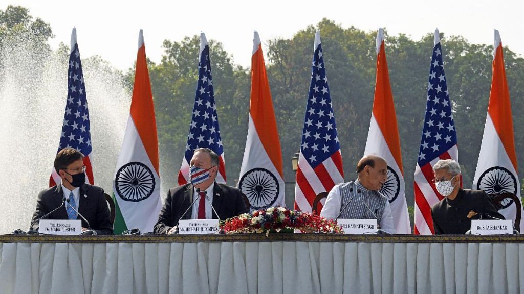 (L-R) US Defense Secretary Mark Esper, US Secretary of State Mike Pompeo, Defence Minister Rajnath Singh & External Affairs Minister S. Jaishankar at their press conference Tuesday | ANI