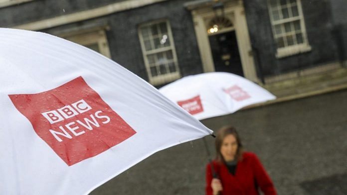 Umbrellas featuring BBC News logo in London | Photo: Simon Dawson | Bloomberg File Photo