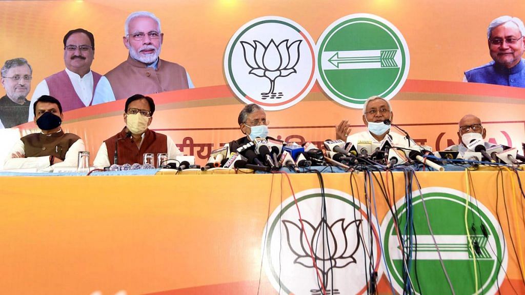 The BJP-JD(U) joint press conference in Patna on 6 October 2020 | ANI