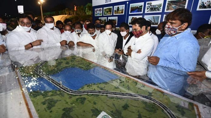 Telangana IT Minister K.T. Rama Rao and others at the inauguration of the extra-dosed cable-stayed bridge in Hyderabad on 25 September. | Photo: Twitter/TRS