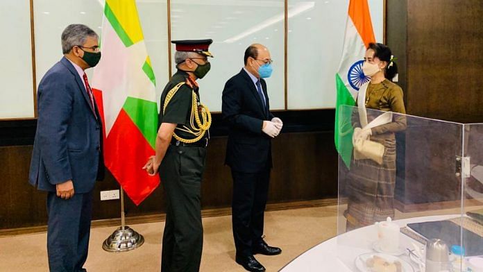 Army chief Gen. M M Naravane and Foreign Secretary Harsh Vardhan Shringla with State Counsellor Aung San Suu Kyi on 5 October | Twitter/@IndiainMyanmar