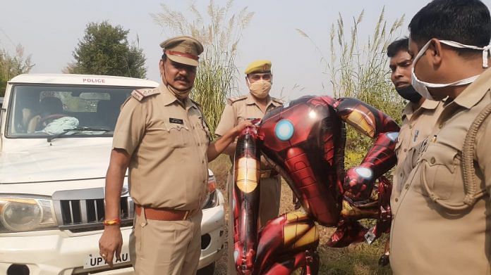 Comic character 'Iron man' shaped balloon found by UP police Sunday/ Twitter/@noidapolice