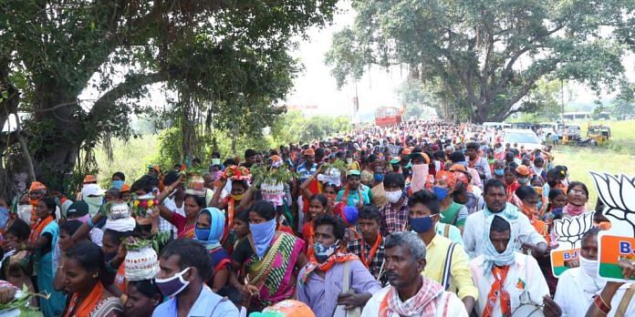 A BJP rally in Dubbaka ahead of the bypoll in the constituency | Twitter: @BJP4Telangana