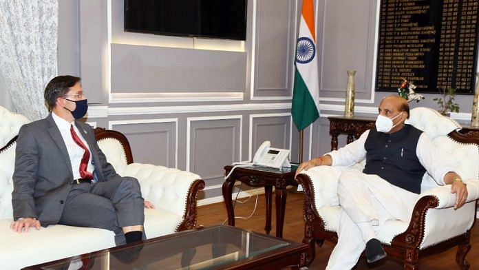 Union Defence Minister Rajnath Singh meets his US counterpart Mark Esper at his office in South Block Monday | Twitter | @rajnathsingh