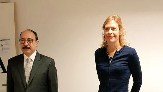 India's Foreign Secretary Harsh Vardhan Shringla and French diplomat Alice Guitton on 30 October