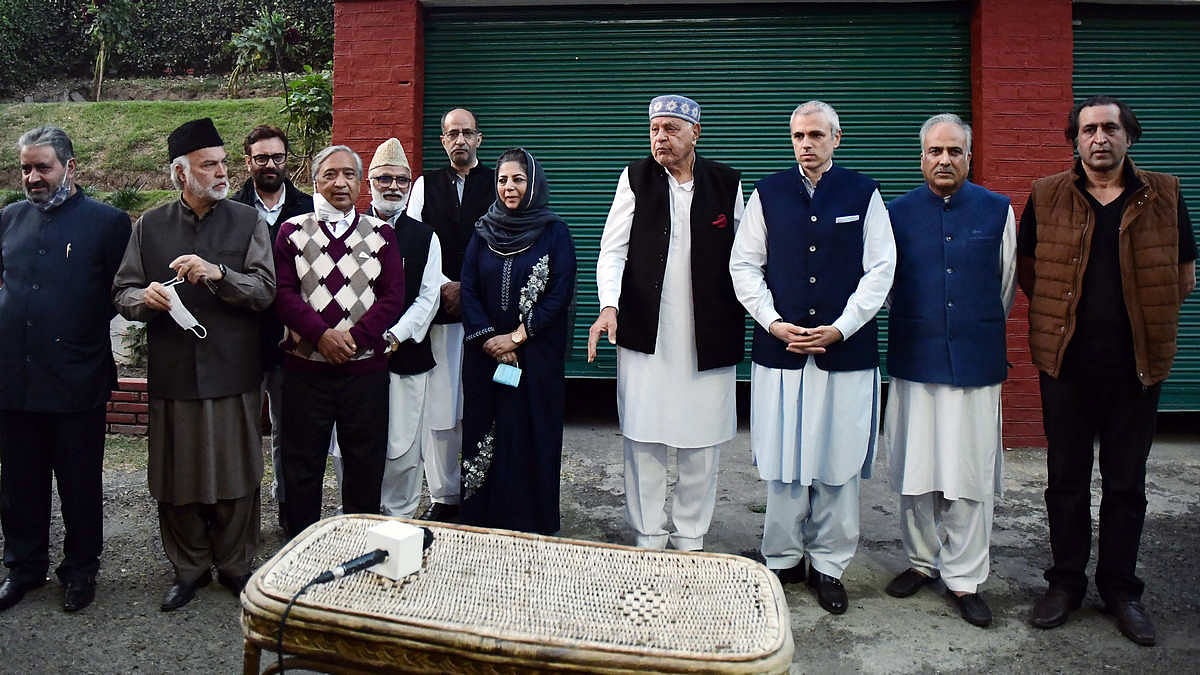 Signatories to the Gupkar Declaration, including Farooq and Omar Abdullah and Mehbooba Mufti, announce their political alliance in Srinagar Thursday | Photo: ANI