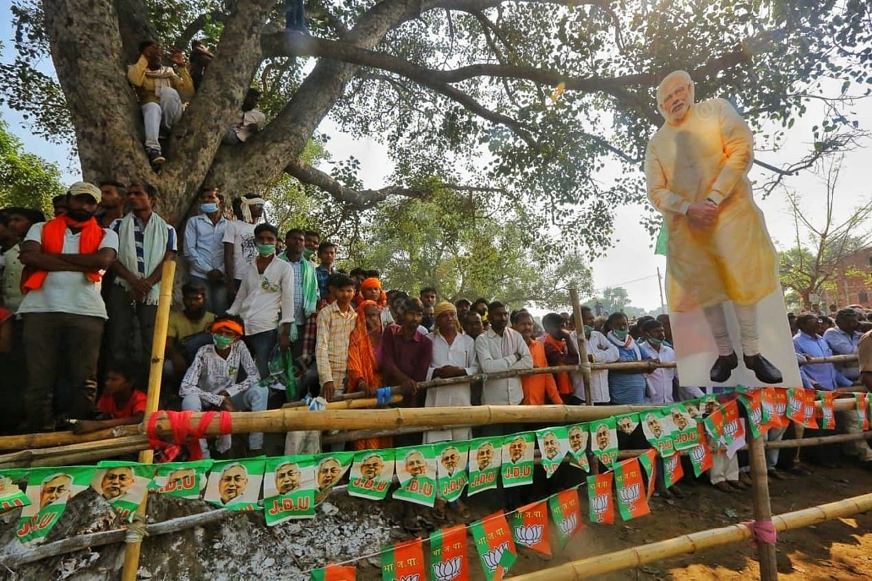Cut outs of Prime Minister Narendra Modi and Nitish Kumar dotted the venue of the rally | Photo: Praveen Jain | ThePrint
