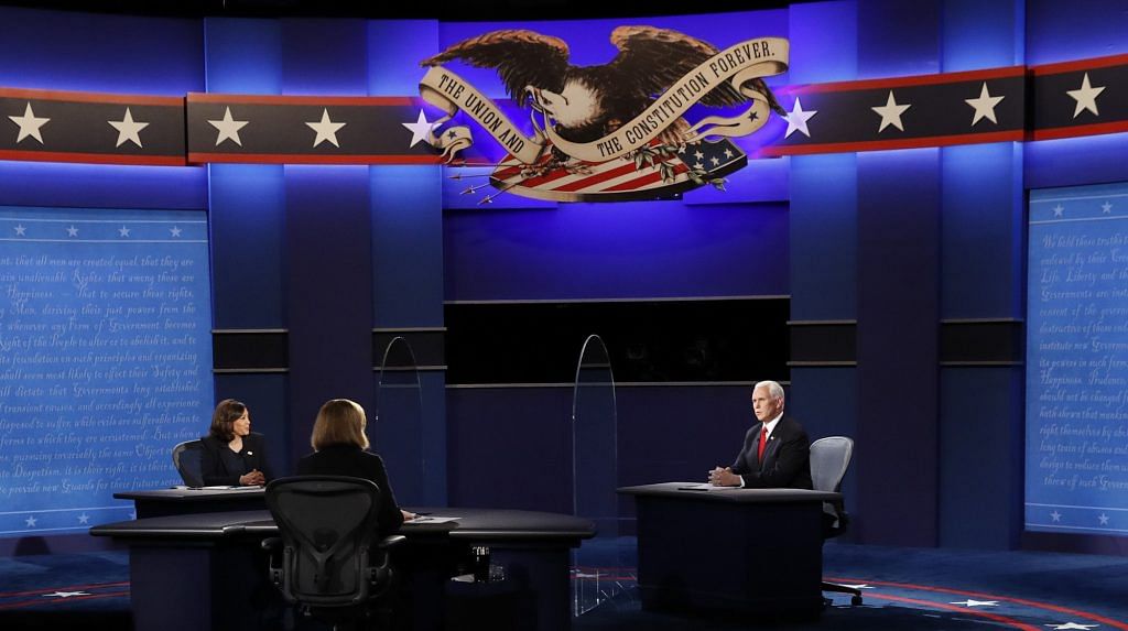 Mike Pence and Kamala Harris during the US vice presidential debate at the University of Utah on 7 October