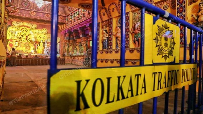 Barricades outside a Durga Puja pandal in Kolkata | Manisha Mondal | ThePrint