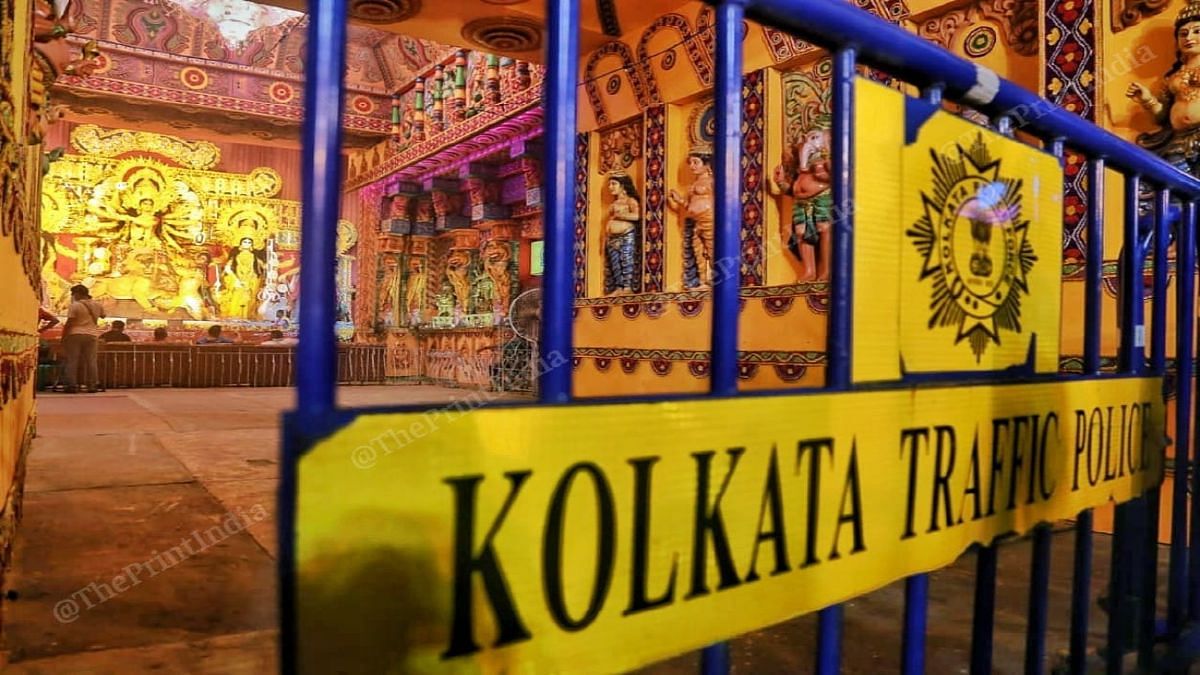 Barricades outside a Durga Puja pandal in Kolkata | Manisha Mondal | ThePrint