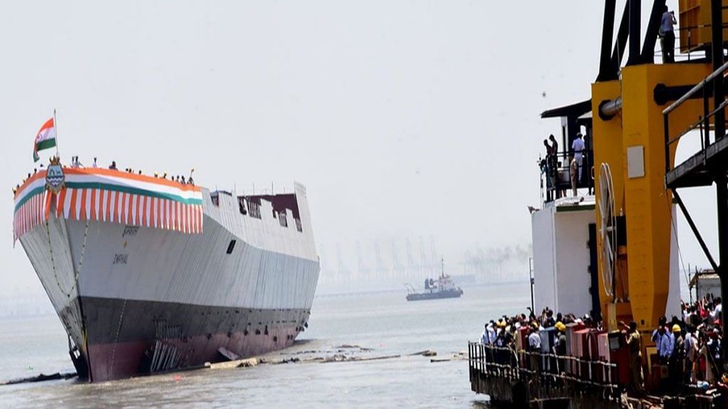 File image of Mazagon Dock Shipbuilders during the launch of the Imphal destroyer last year | Credit: mazagondock.in
