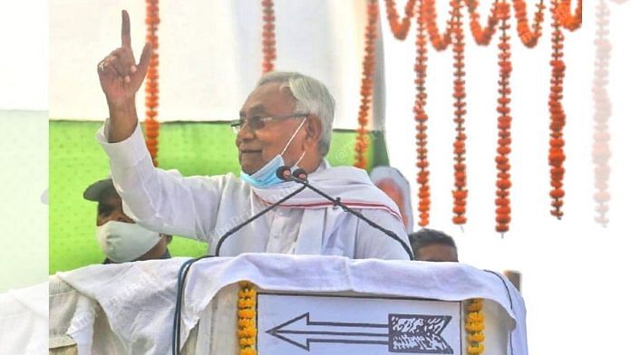 Bihar CM Nitish Kumar addresses a campaign rally at Islampur village in Nalanda district on 27 October 2020 | Praveen Jain | ThePrint