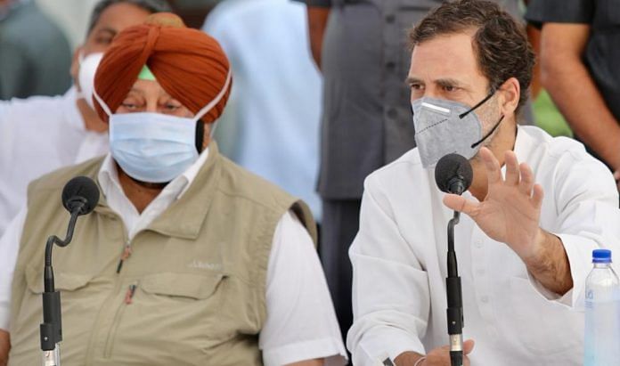 Congress leader Rahul Gandhi with Punjab Chief Minister Captain Amarinder Singh at their press conference in Patiala Tuesday | By special arrangement
