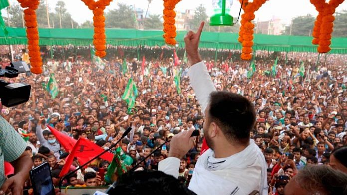 RJD leader Tejashwi Prasad Yadav during an election campaign rally at Masaurhi in Patna | PTI