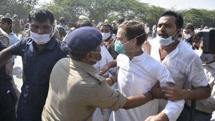 Congress leader Rahul Gandhi being manhandled by the UP Police after being stopped on the Yamuna Expressway | Twitter | Congress