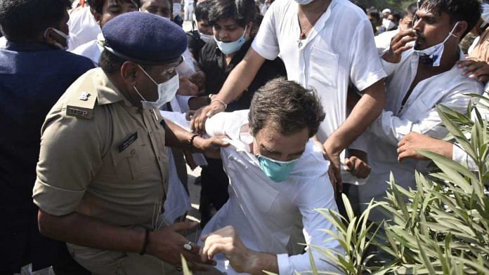 Congress leader Rahul Gandhi falls to the ground while being stopped by UP Police on the Yamuna Expressway Highway on 1 October | Congress | Twitter