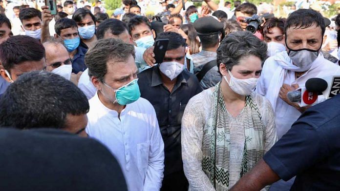 Rahul Gandhi and Priyanka Gandhi Vadra before they were detained while on their way to Hathras in UP, on 1 October 2020 | Congress | Twitter