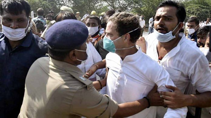 Congress leader Rahul Gandhi manhandled by Uttar Pradesh Police at Yamuna Expressway while he was on his way to Hathras, on Thursday | ANI