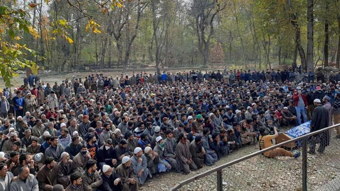 The funeral of Umer Ramzan, 24, in Kulgam Friday. The funerals of the three slain men drew massive crowds | Azaan Javaid | ThePrint