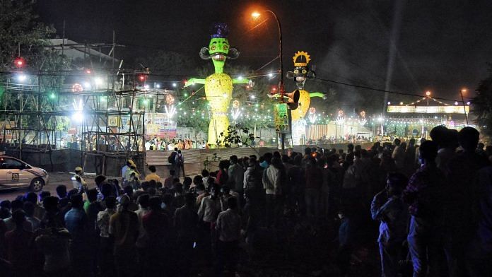 Effigies of Ravana, Meghnad and Kumbhakaran before being burnt on the occasion of Dussehra in New Delhi, on 25 October 2020 | ANI