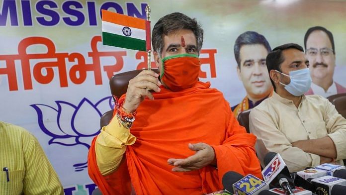 Jammu and Kashmir BJP President Ravinder Raina addresses a press conference at the party office in Jammu, Saturday, Oct 24, 2020 | PTI Photo