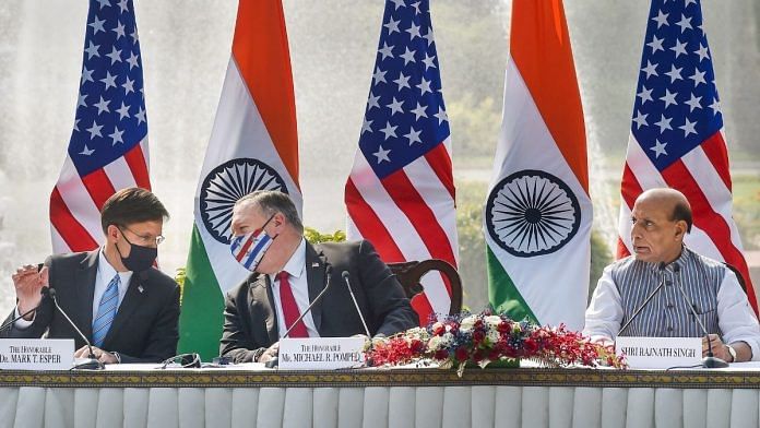 Defence Minister Rajnath Singh (R), U.S. Secretary of State Mike Pompeo (2L) and Secretary of Defence Mark Esper (L) during a press statement, at Hyderabad House in New Delhi, Tuesday, Oct. 27, 2020. | PTI Photo