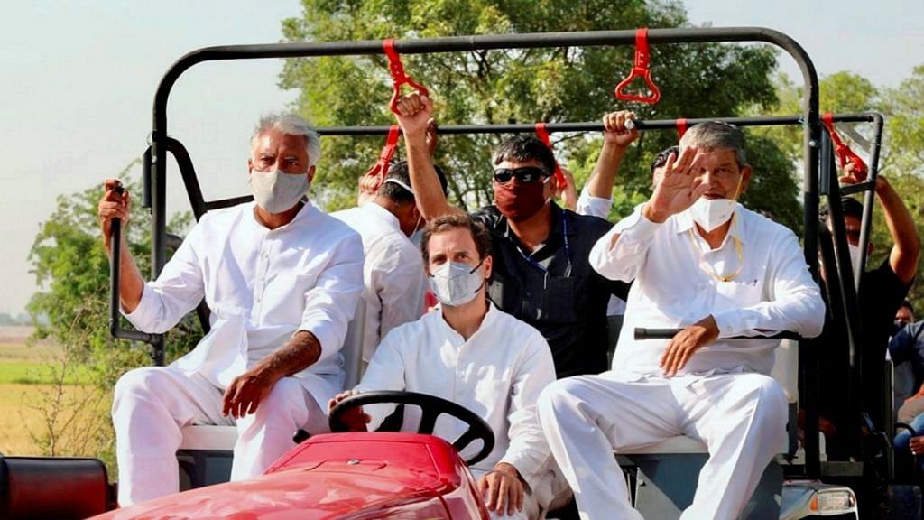 Congress leader Rahul Gandhi drives a tractor during the party's Kheti Bachao tractor rally against the farm laws, at Haryana-Punjab border on 6 October | PTI
