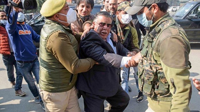 Peoples Democratic Party (PDP) members detained by police during their protest against the new land law, in Srinagar, Thursday, Oct. 29, 2020 | PTI