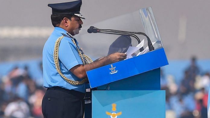 IAF Chief Air Chief Marshal Bhadauria addresses during the 88th Air Force Day celebrations at Hindon airbase in Ghaziabad, 8 October, 2020 | Atul Yadav | PTI
