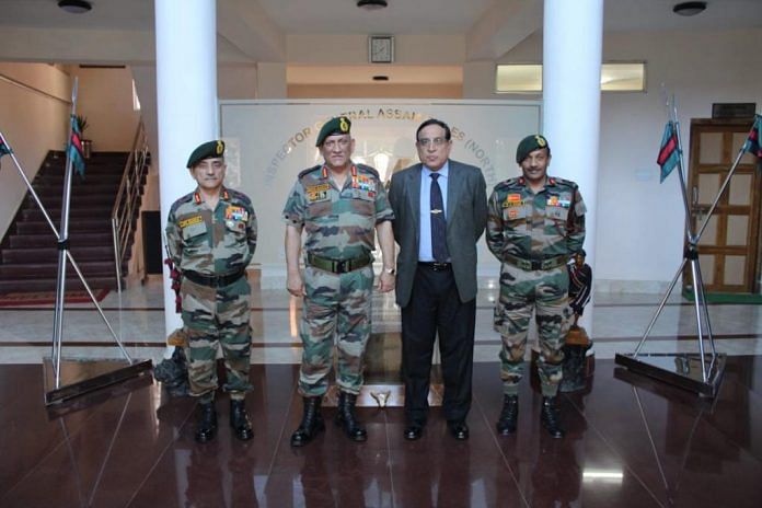 Lt Gen Shokin Chauhan (second from right), who was CFMG chairman, with Bipin Rawat (second from left), who was Army chief at the time, with senior military leaders in Nagaland in 2019 | By special arrangement