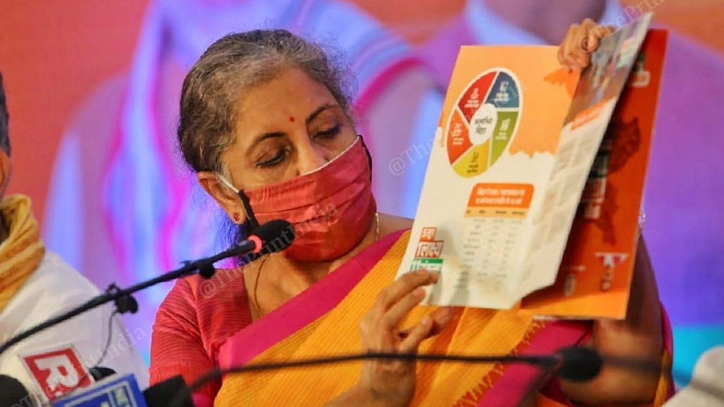 Finance Minister Nirmala Sitharaman at the release of the BJP’s Bihar manifesto in Patna Thursday | Photo: Praveen Jain | ThePrint