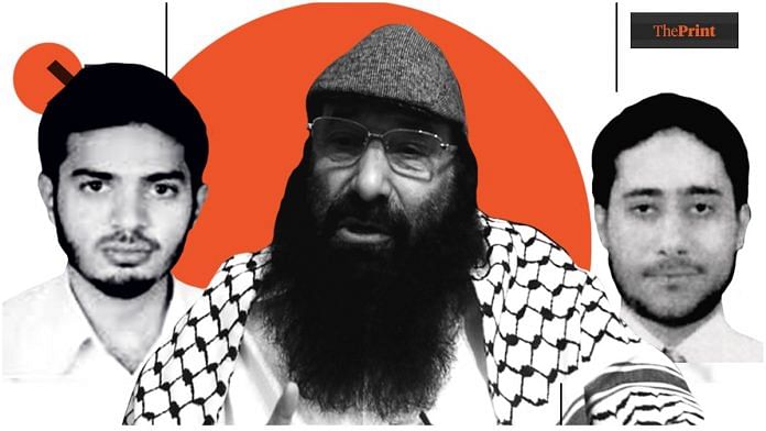 (From left) Indian Mujahideen founder Riyaz Bhatkal, Hizbul Mujahideen chief Syed Salahuddin and LeT commander Sajid Mir | Illustration: Soham Sen | Photo: Youtube grab