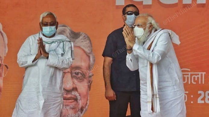 Bihar Chief Minister Nitish Kumar (left) and Prime Minister Narendra Modi at a rally in Patna Wednesday | Photo: Praveen Jain | ThePrint
